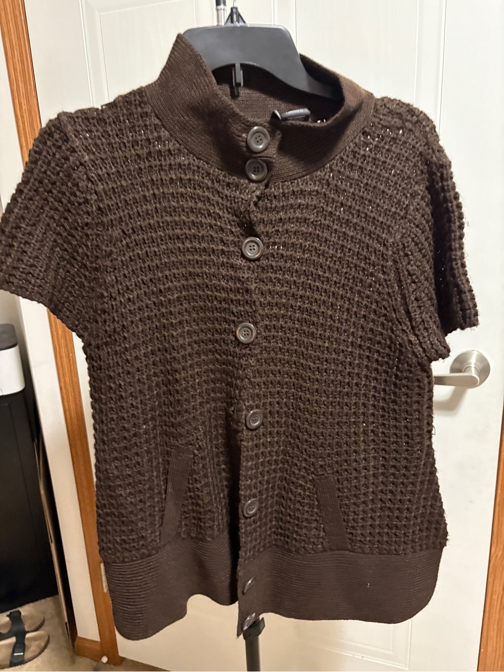new directions Brown Short-Sleeve Waffle Knit Button Cardigan